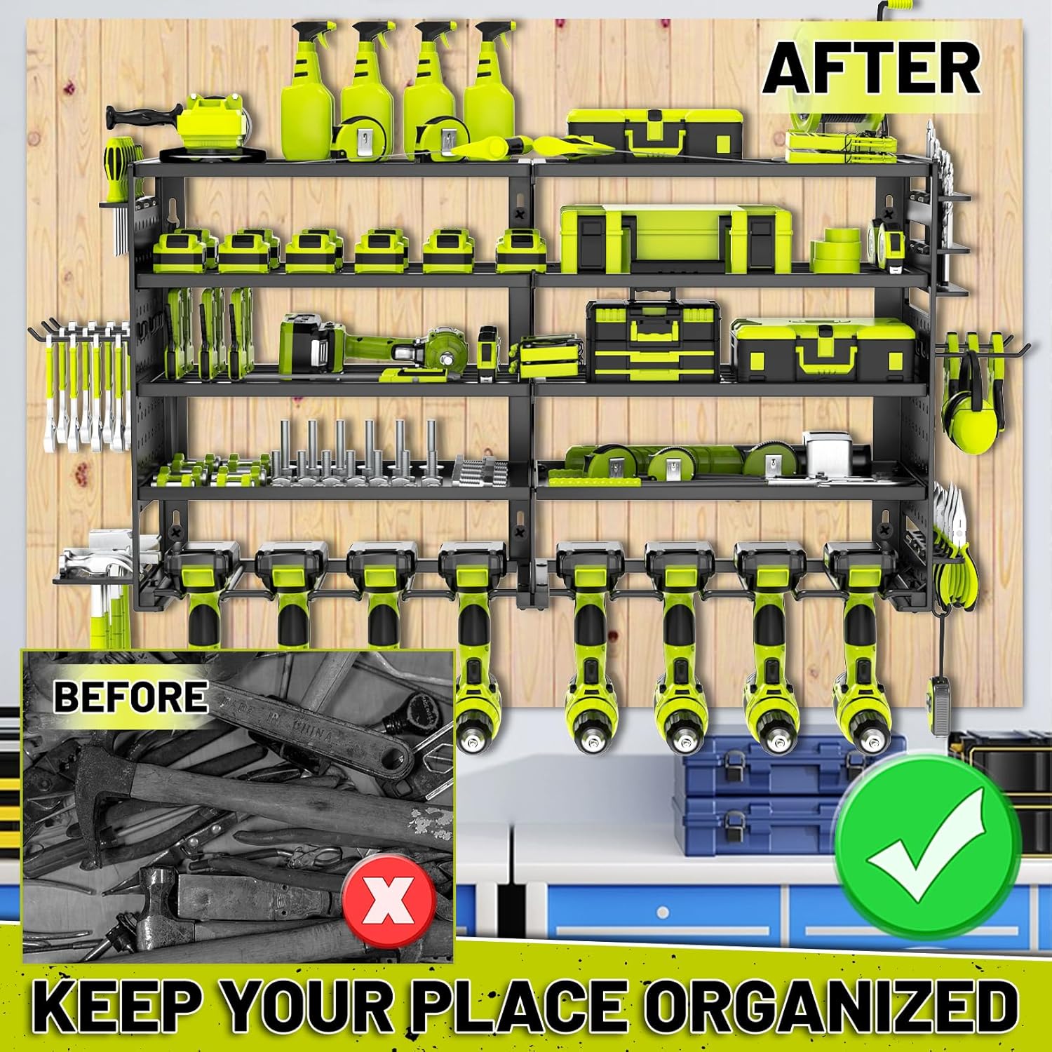 Skiennix Power Tool Organizer - Heavy-Duty Wall Mount Storage Rack with 8 Drill Holders | Black