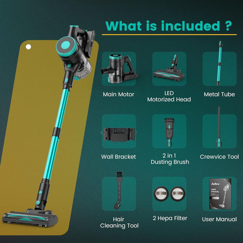 Zefiro 350W Cordless Vacuum Cleaner - 45-Minute Runtime, Lightweight Design, 1.5L Dust Cup | Ideal for Hardwood Floors & Pet Hair (Green)