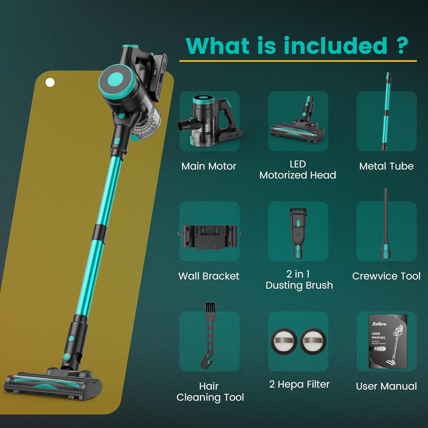 Zefiro 350W Cordless Vacuum Cleaner - 45-Minute Runtime, Lightweight Design, 1.5L Dust Cup | Ideal for Hardwood Floors & Pet Hair (Green)