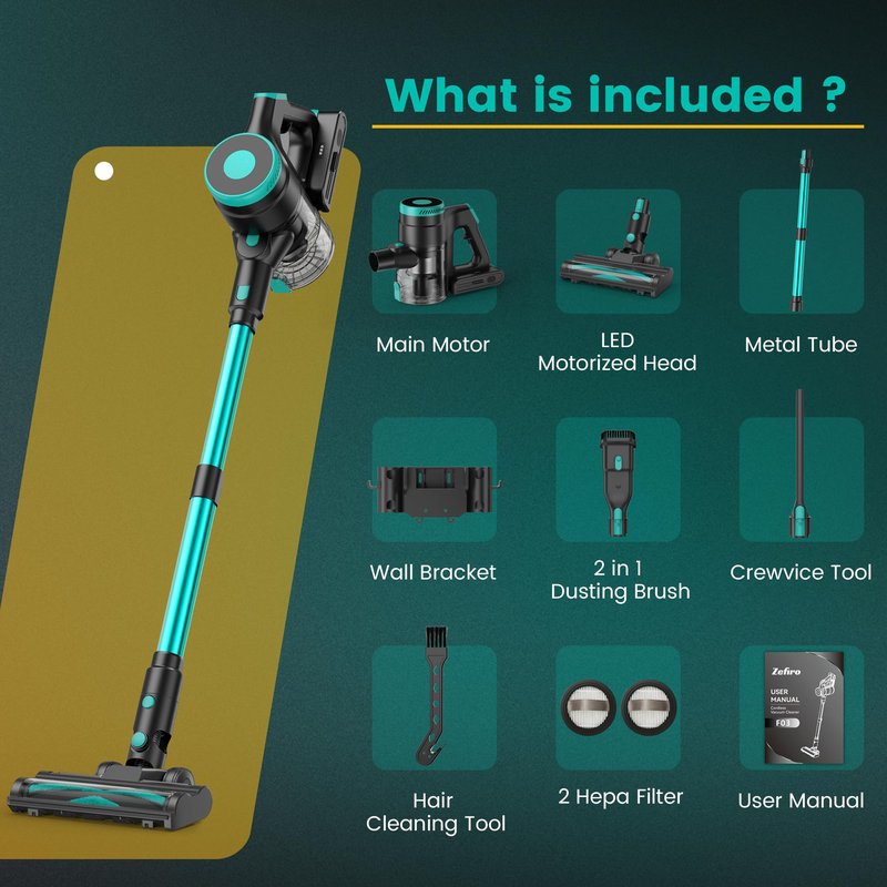 Zefiro Cordless Vacuum Cleaner,45Mins Runtime Vacuum Cleaners for Home, Anti-Tangle and 1.5L Dust Cup, 6 in 1 Lightweight Vacuum for Hardwood Floor Carpet Pet Hair (Olive Green)
