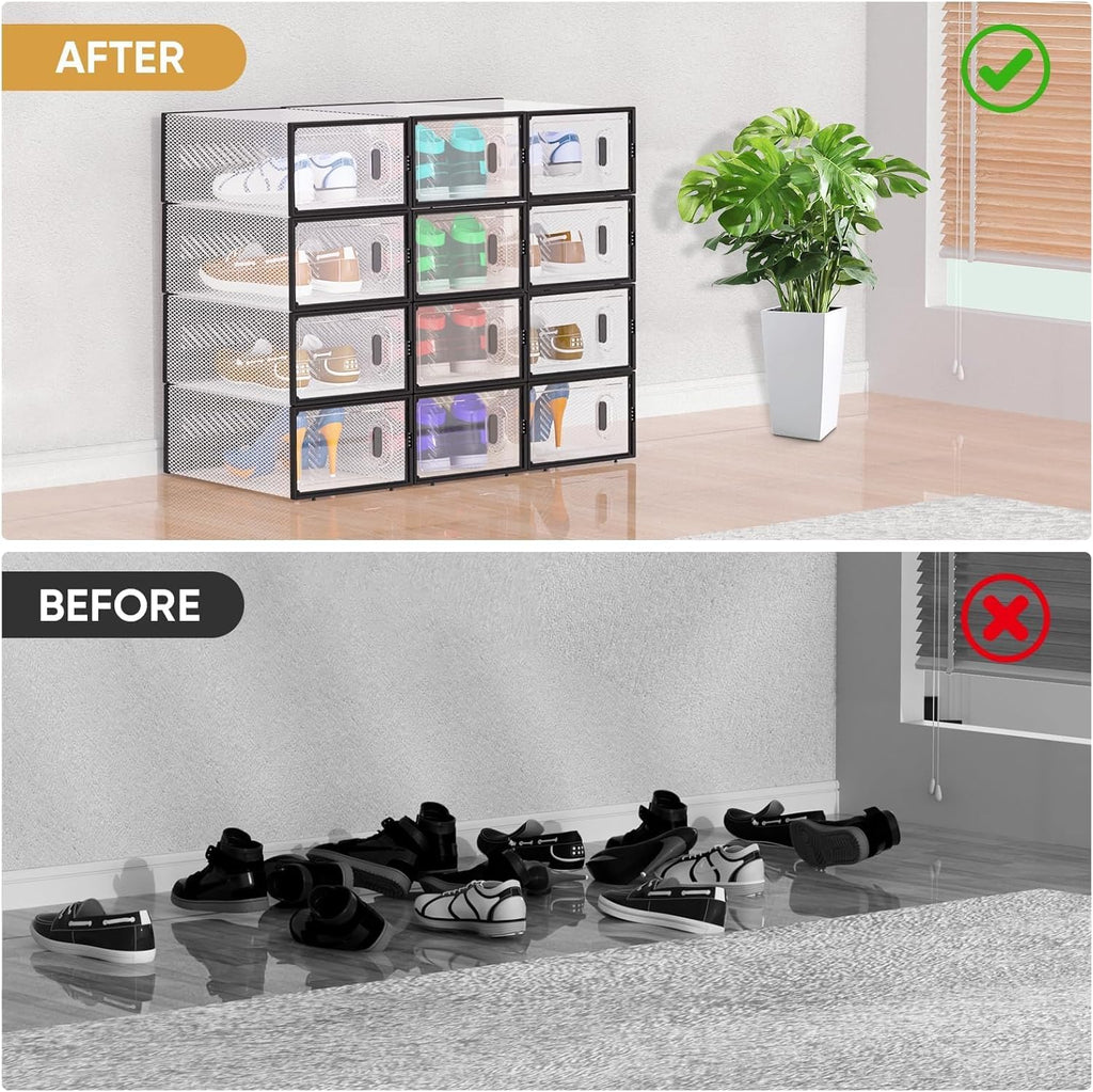 BALEINE Stackable Shoe Storage Boxes - 12 Pack Thickened Clear Plastic Bins | Fits Size 9, Large Black
