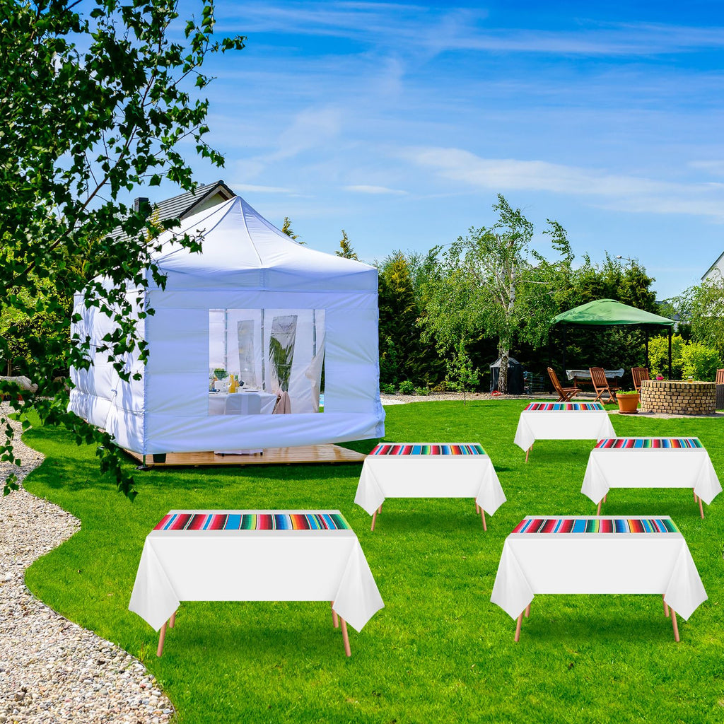 Mixweer 12 Pcs Mexican Table Runner and Tablecloth Set, Cotton Rainbow Serape Table Runner, Plastic Disposable Tablecloth Rectangle Cover for Cinco De Mayo Fiesta (White)