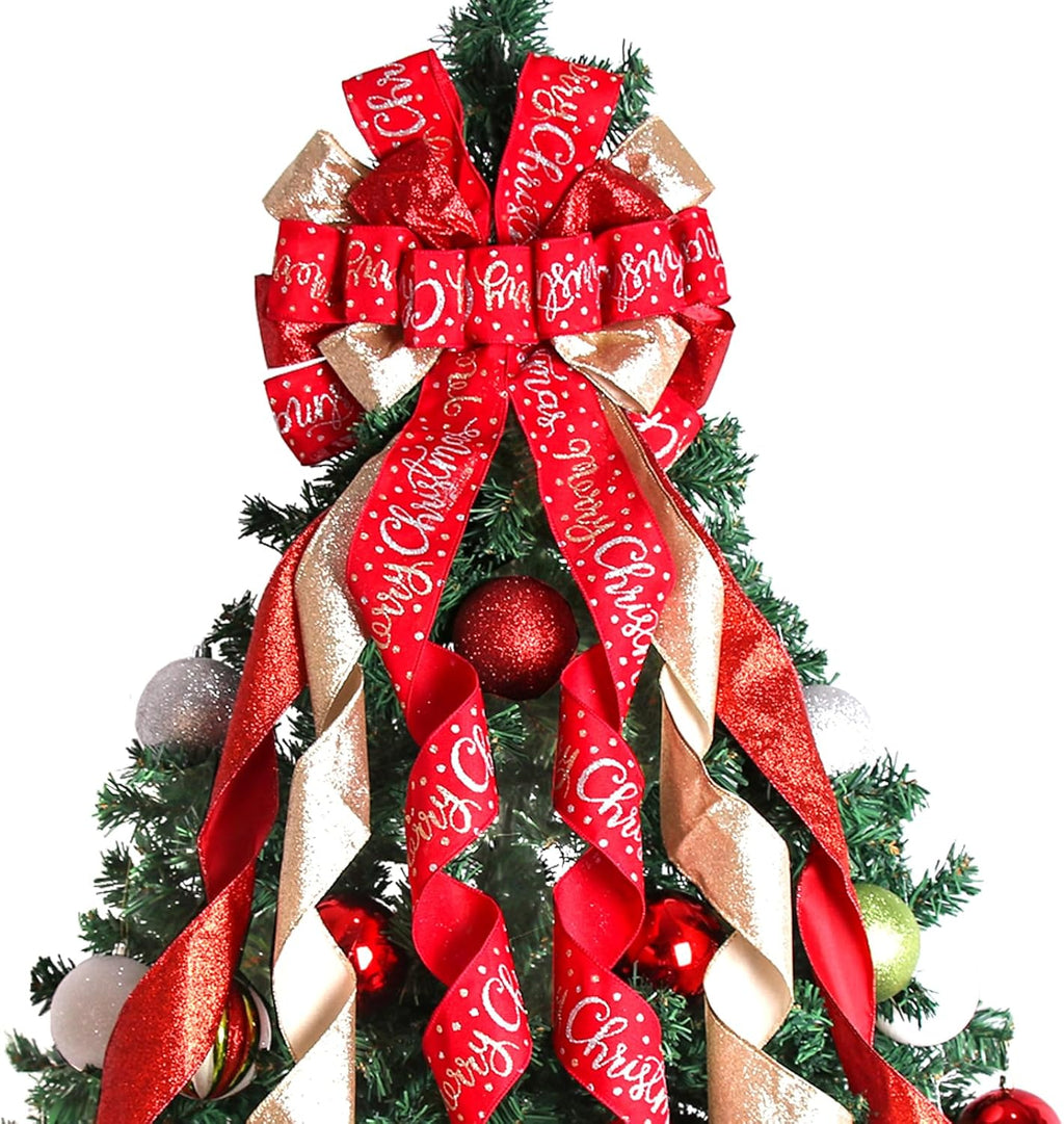 Regine Switzerland Christmas Tree Topper - Large 45"x12" Rustic Red Wreath Bow with Letter Pattern for Holiday Decor