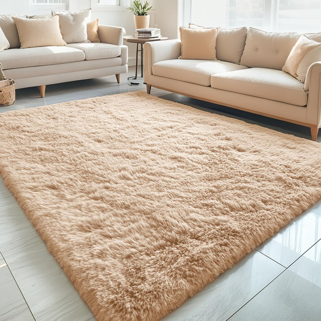 OLANLY Large Area Rug - Soft Fluffy Shaggy Carpet for Living Room & Bedroom | 5x12 ft, Beige