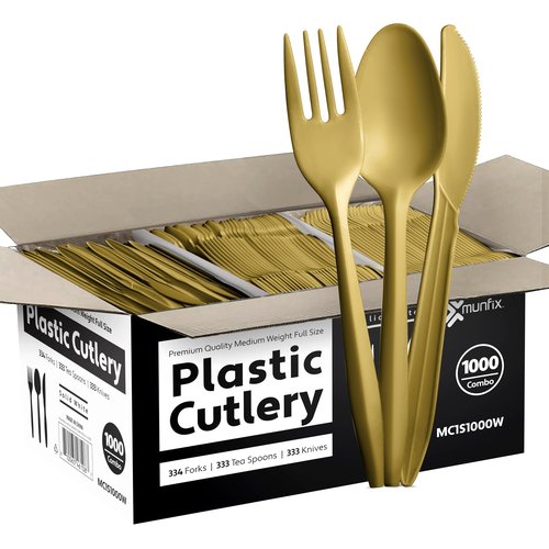 1000 Count Gold Silverware Set, 334 Forks, 333 Spoons, 333 Knives, Medium Weight BPA Free Disposable Plastic Cutlery Set, Bulk Combo Pack Flatware Set for Party Supplies