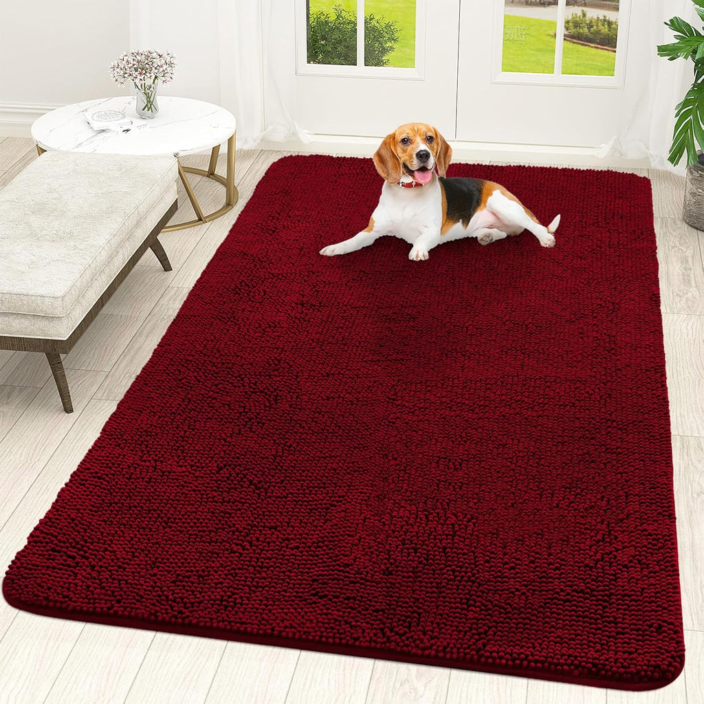 OLANLY Dog Door Mat - Absorbent Non-Slip Washable Doormat for Muddy Paws | 70x46 Red Chenille Carpet