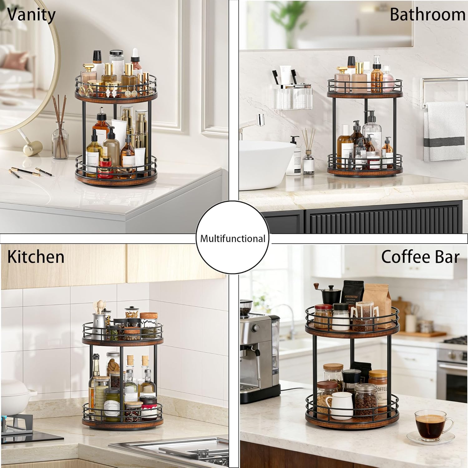 Skiennix 2-Tier Rotating Makeup Organizer - Wooden Bathroom Countertop Storage Shelf | Brown