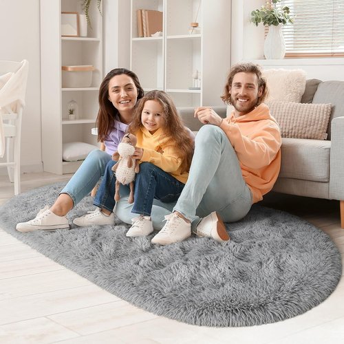 LOCHAS Gray Fluffy Shaggy Area Rug - Soft Oval Bedroom Throw Rug 2.6' x 5.3' for Kids & Nursery Decor
