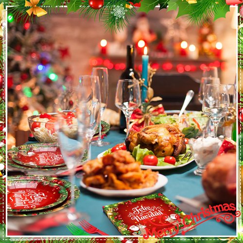 Qinyoung 96 Pcs Feliz Navidad Party Decorations Mexican Christmas Paper Plates and Napkins Set Feliz Navidad Dinner Dessert Tableware Red and Green Serve 24 Guests for Spanish Christmas Party Supplies