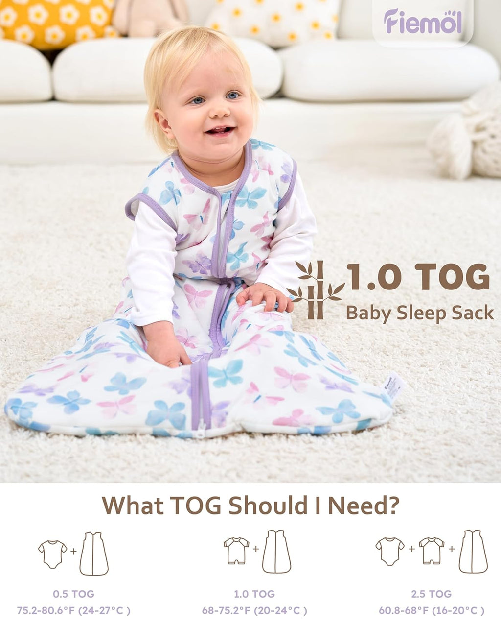 Rayon Made from Bamboo Baby Sleep Sack - Soft 1.0 Tog Wearable Blanket for Infants | 6-12 Months, Purple Butterfly (2 Pack)