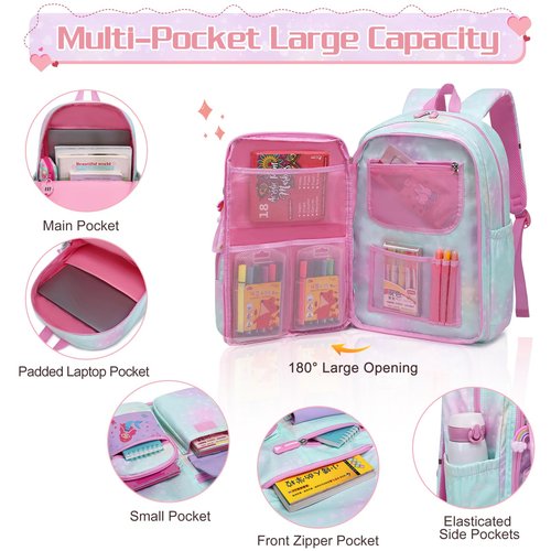 InduSKY Girls Backpack Set with 14oz Kids Insulated Water Bottle, Cute Rainbow School Backpacks for Girls with Lunch Bag Pencil Case, Kids Backpack Kindergarten Elementary Middle School Bags Book Bags