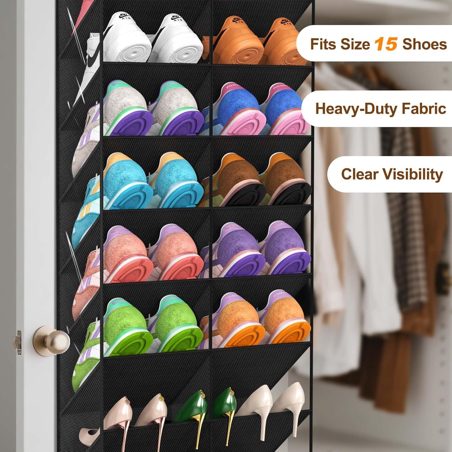 UVIAHOMI Over The Door Shoe Organizer - 10-Tier Clear Pocket Storage for Sneakers, Boots & Heels - Black