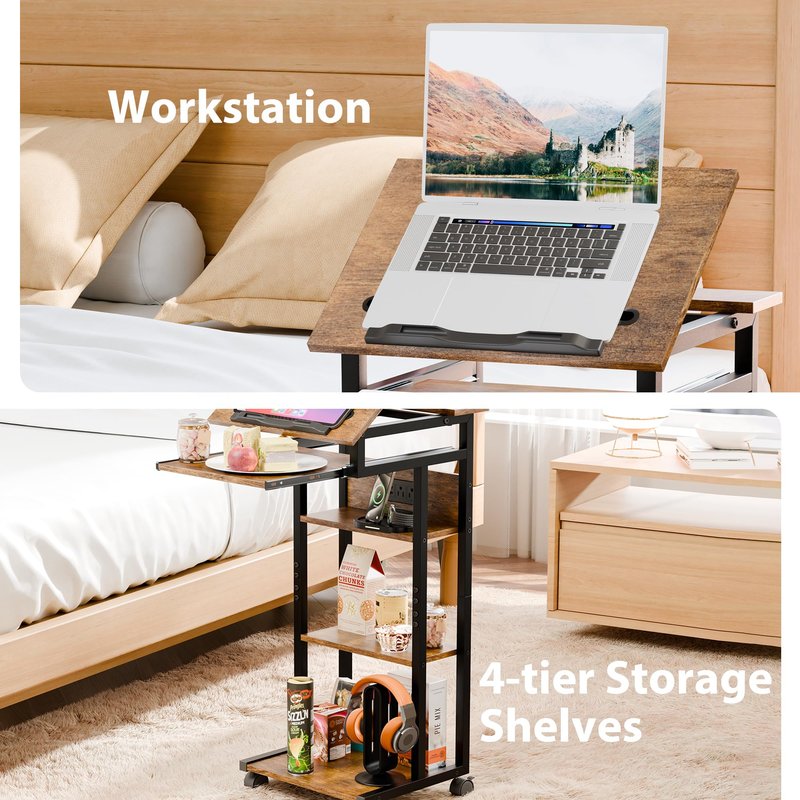 ZIFTY Couch Table with Charging Station and Storage Shelves 360°Swivel End Table with Shelves and Wheels C Shaped End Table for Laptops Tv Tray Side Table for Living Room Bedroom Rustic