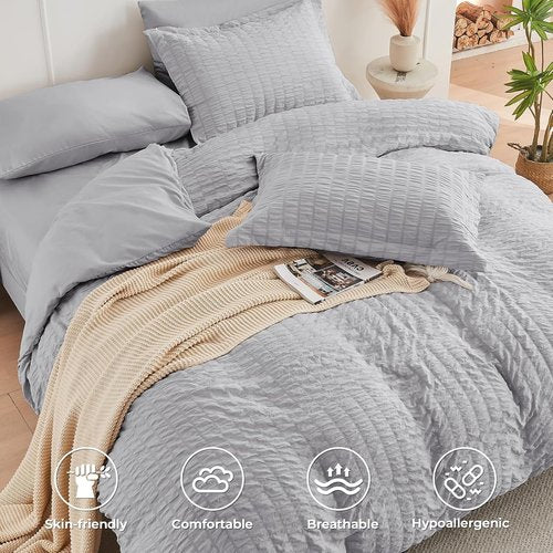 HYMOKEGE California King Comforter Set - Luxury 7-Piece Seersucker Bedding in Light Grey