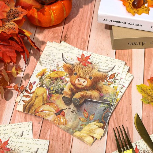 JarThenaAMCS 80Pcs Fall Paper Napkins Highland Cow Pumpkin Disposable Napkins Thanksgiving Decorative Luncheon Dinner Table Napkins for Autumn Harvest Wedding Party Supplies