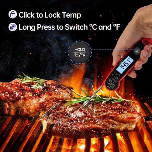 Lonicera Digital Meat Thermometer - Instant Read in 1 Sec, ±0.9℉ Accuracy | Waterproof, Auto-Rotating Display (Red)