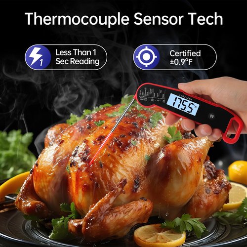 Lonicera Digital Meat Thermometer - Instant Read in 1 Sec, ±0.9℉ Accuracy | Waterproof, Auto-Rotating Display (Red)