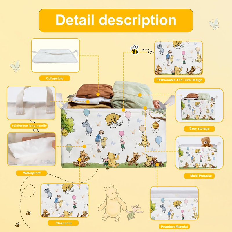ZsaTuiy Winnie Basket,the Pooh baby Stuff,Winnie Nursery Decor Laundry Hamper With A Waterproof PECoating, Foldable, Bathroom and Bedroom SetClothes ,Toys Bin, Baby Nursery Hamper Decor