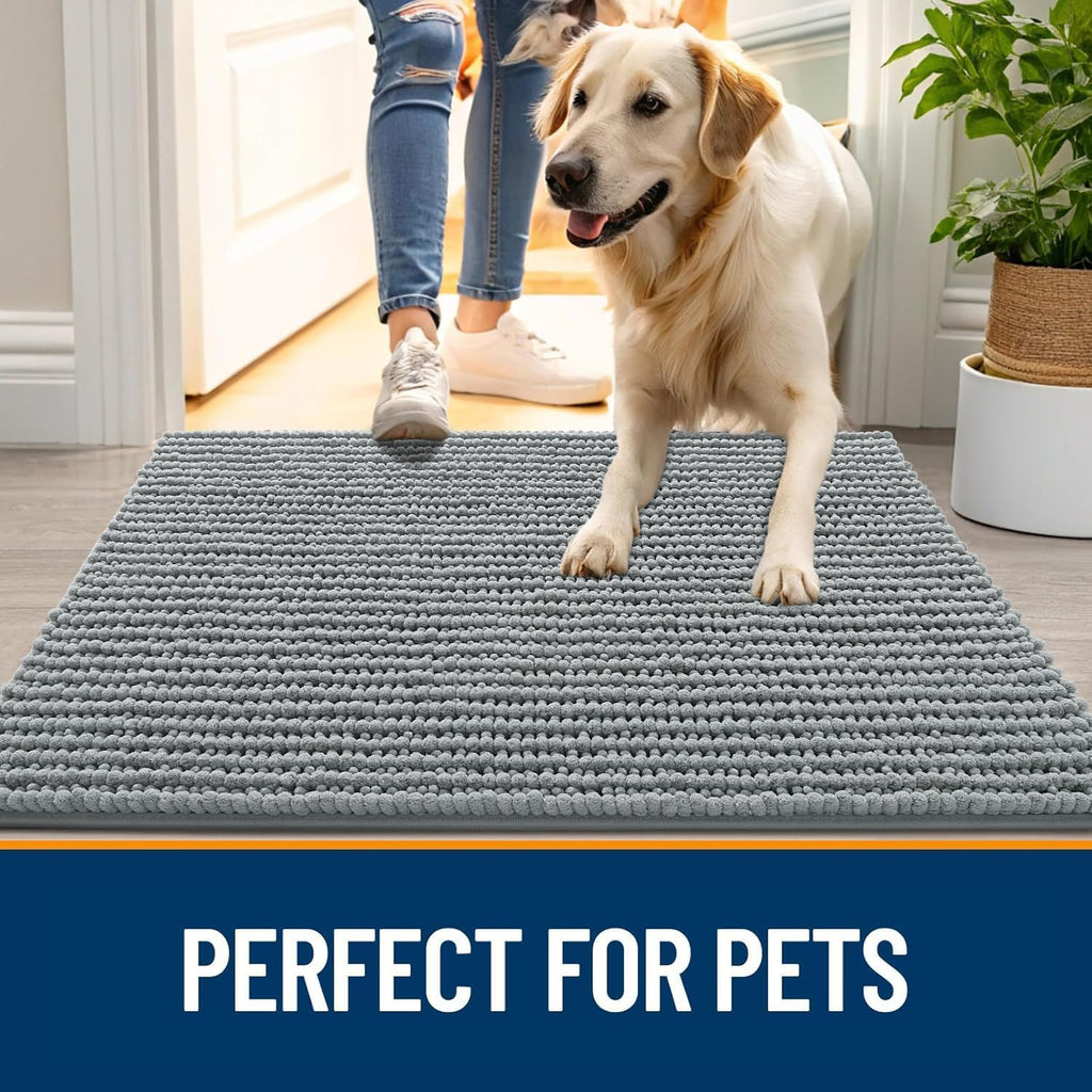 OLANLY Dog Door Mat - Ultra Absorbent Chenille Mud Doormat | Non-Slip, Washable, 47x24, Grey