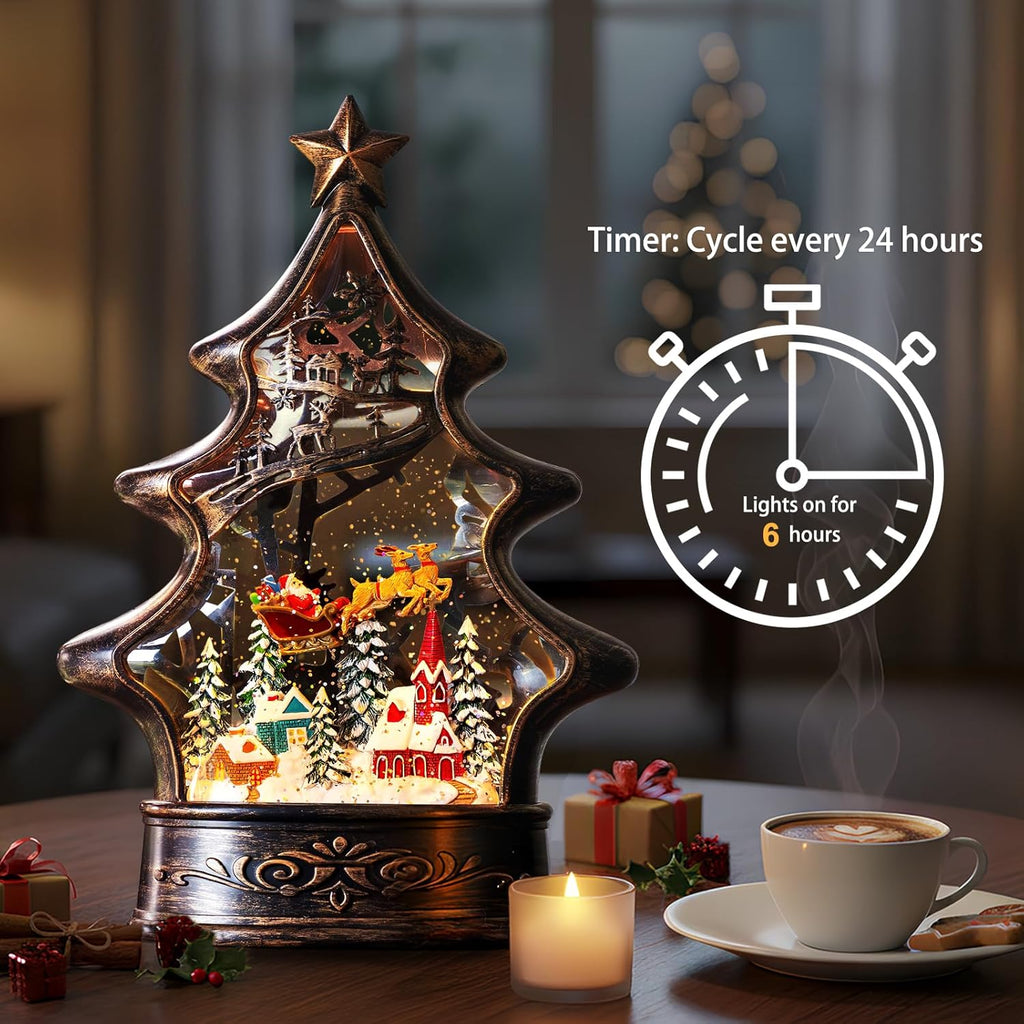 Regine Switzerland Christmas Snow Globe Lantern - Glittering Santa & Deer with Music | USB & Battery Operated