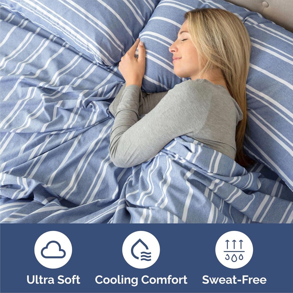 Queen Size 4-Piece Sheet Set - Comfy Cooling Bed Sheets for Luxury Bedding - Deep Pockets, Soft & Wrinkle-Free - Oeko-Tex Certified - Blue Stripes