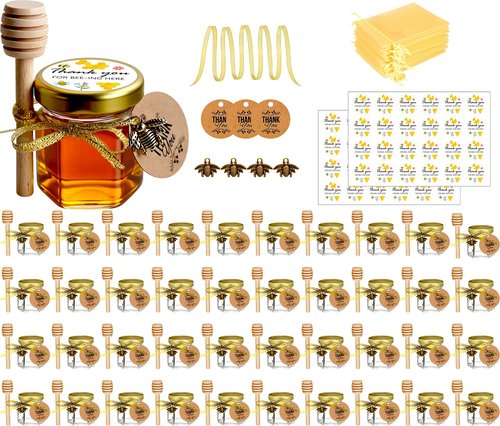 Ahhute Honey Pot, Mini Honey Jars with Dipper, Glass Honey Jars Baby Shower Favors, Party Favors & Wedding Favors, Lid, Bee Pendants, Gold Fabric Ribbons and Gold Organza Bags, 40 Pack 1.5oz