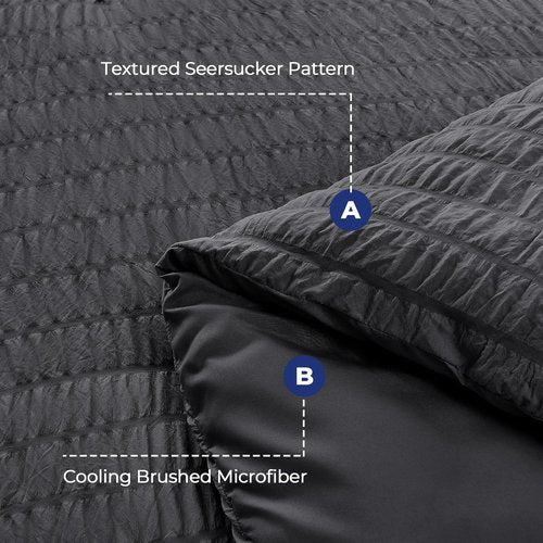 HYMOKEGE Queen Size Duvet Cover Set - Ultra Soft 3-Piece Seersucker Bedding in Dark Grey | Zipper Closure & 8 Corner Ties