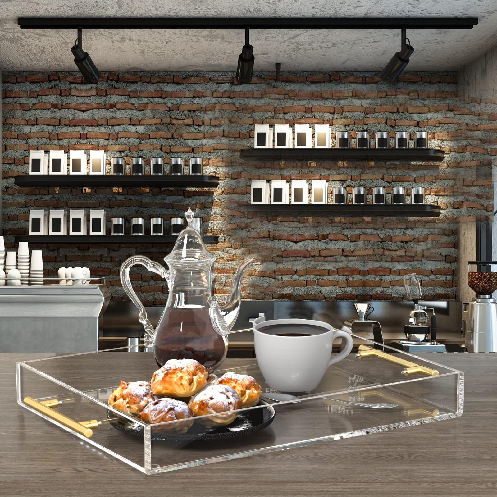 HIIMIEI Acrylic Serving Tray 12x16 Inch, Clear Trays with Gold Handles, Decorative able Tray for Coffee, Appetizer, Breakfast, Bathroom, Vanity