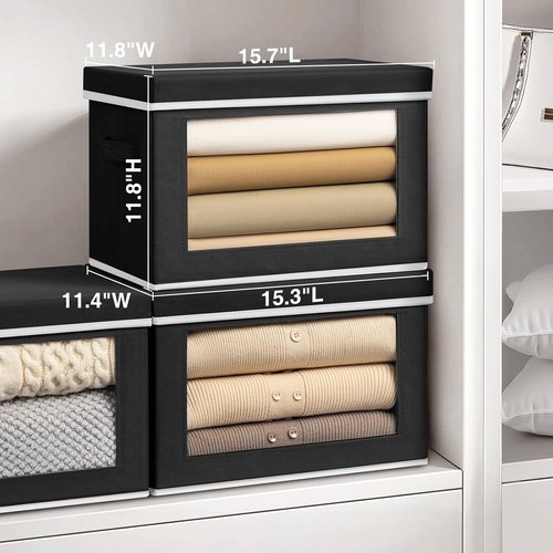 Homsorout Large Storage Bins - Collapsible Fabric Cubes with Lids & Window, 15.7 Inch, Black | 6 Pack