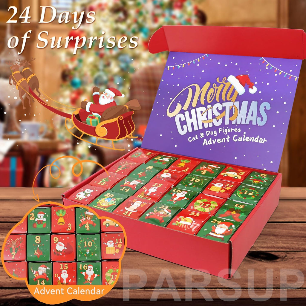 Regine Switzerland Christmas Advent Calendar - 24 Box Countdown with Cat & Dog Figurines for Holiday Decor