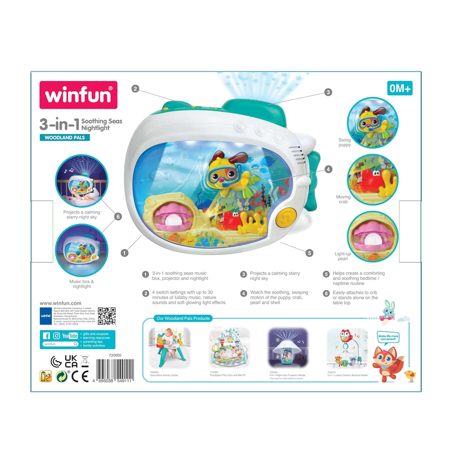 Winfun 3-in-1 Soothing Seas Nightlight - Musical Projector with Calming Lullabies for Babies | Crib or Tabletop Attachment