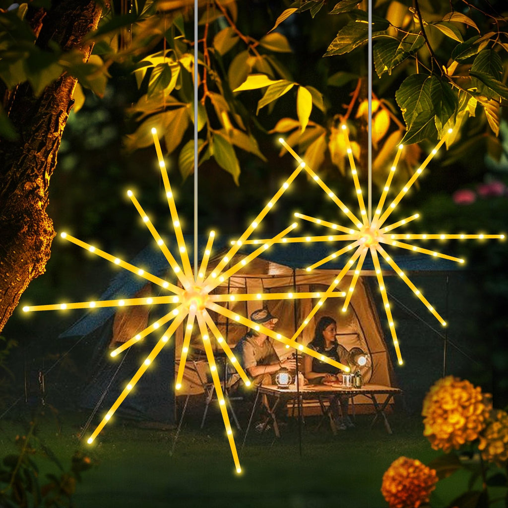 Tiandirenhe 2 Pack 224 LED Hanging Starburst Light, Firework Fairy Starburst String Lights Hanging Star Lights with Remote, 8 Lighting Modes Operated, Starry Light for Garden Party Christmas(Yellow)