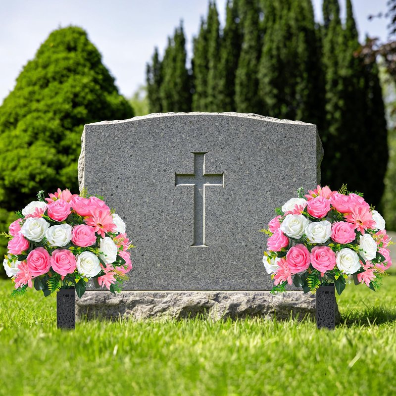 Yastouay 3 Sets Artificial Cemetery Flowers for Grave with Vase, Grave Decorations for Cemetery with Rose Carnation Flowers for Memorial Cemetery Grave Tombstone Decorations