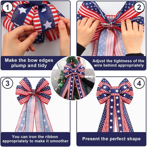 Hying Patriotic Wreath Bows - Large 4th of July Red & Blue Stripe Burlap Bows | Memorial Day Decor