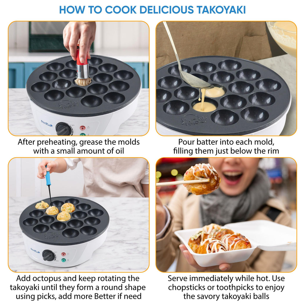 Takoyaki Maker Machine by StarBlue with FREE Takoyaki Picks - Temperature Control 18 Holes Electric Japanese Octopus Balls Pan with Nonstick Surface 120V 60Hz 700W