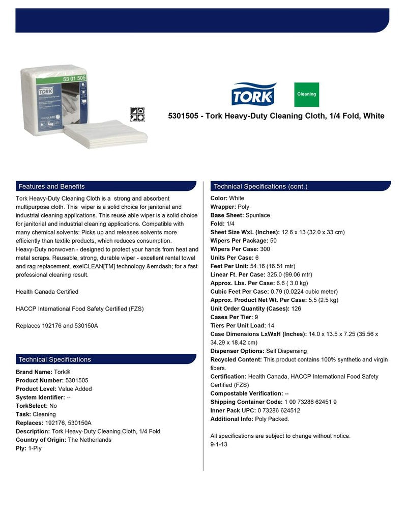 Tork Heavy Duty Cleaning Cloth White , 1/4 Folded with exelCLEAN Technology, 6 x 50 Cloths, 5301505
