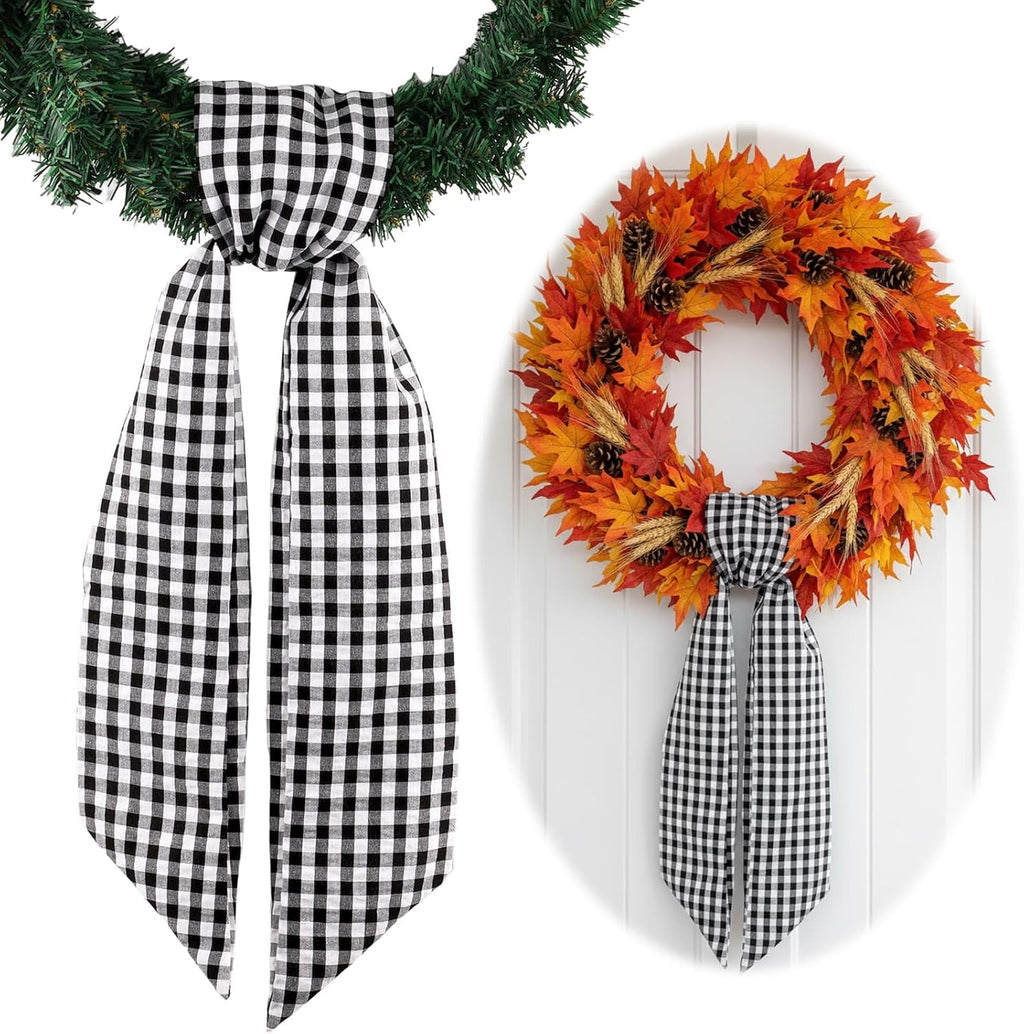 Skiennix Wreath Sash - Black White Checkered Plaid Bow Ribbon for Elegant Year-Round Home Decor (5.12" x 54.33")