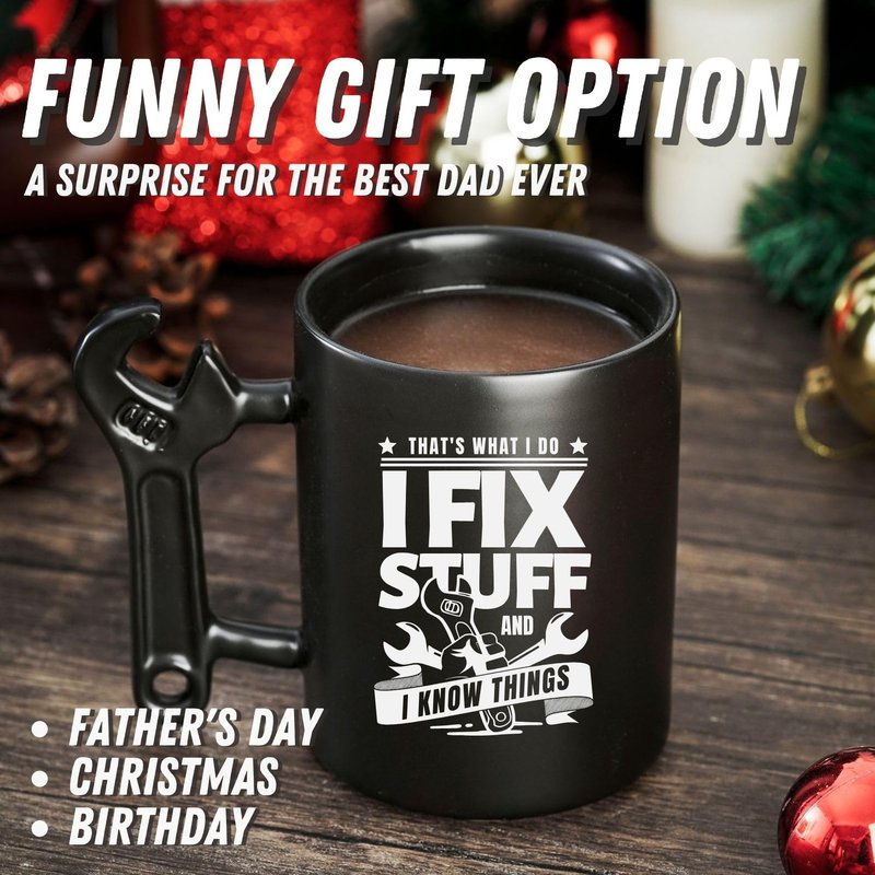 Onebttl Unique Gifts for Men, Car Guy Gifts Coffee Mug with Wrench Spanner Handle, for Mechanic Dad, Husband, Grandpa, Handyman, 13.5 oz Ceramic Mug for Birthday, Christmas - I fix stuff