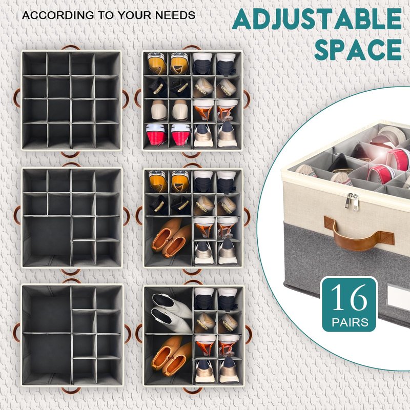 RONCHIL Shoe Organizer for Closet, Foldable Shoe Storage Bins with Clear Cover, Space Saving Shoes Holder with 4 Handles, Large Adjustable Shoe Box Storage Containers, Fits 12-24 Pairs, 2 Pack, Beige