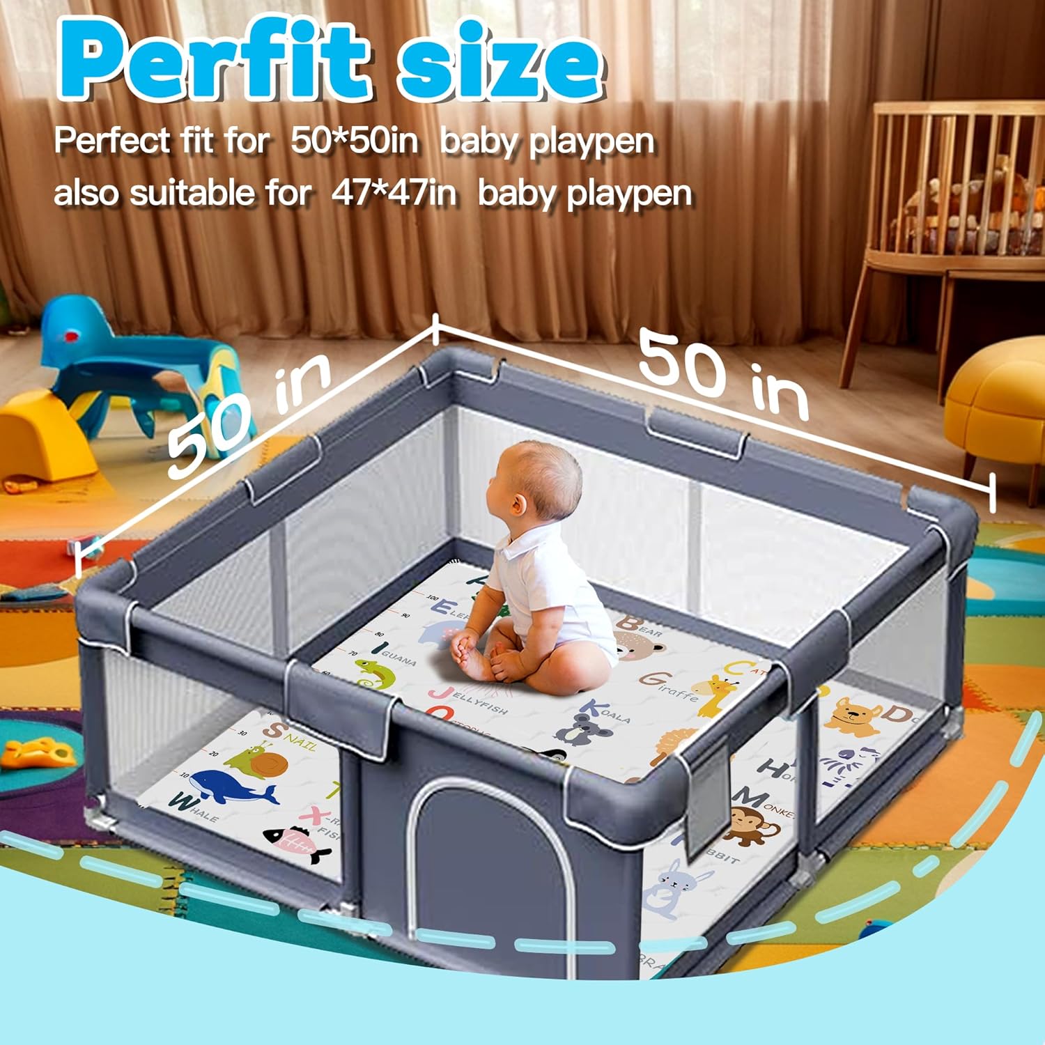 Skiennix Baby Play Mat - Thick Soft Non-Slip 50" x 50" Crawling Mat for Infants & Toddlers | Machine Washable (Animal Alphabet-A)
