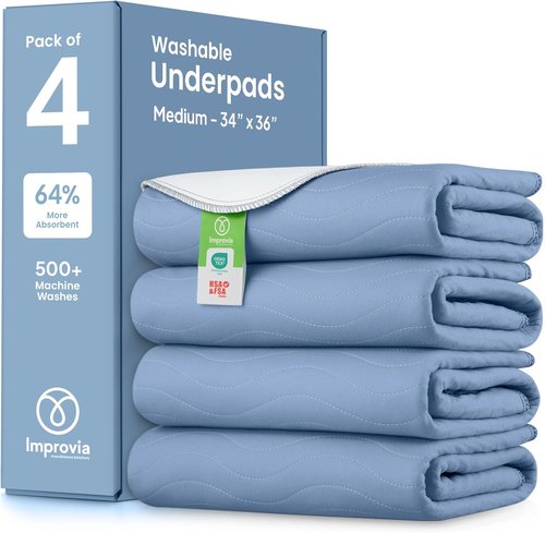 IMPROVIA® Washable Underpads - Heavy Absorbency Reusable Incontinence Pads for Kids, Adults & Pets | Waterproof Protection (Blue, 34"x36", Pack of 4)
