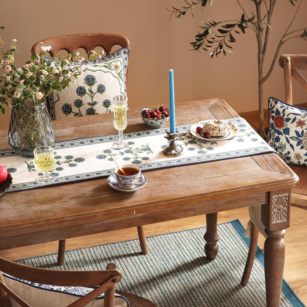 patdrea Designer Blue Rustic Elegant Floral Patterned Extra Long,Wrinkle Resistant Linen Table Runner 118 Inch Long,Decoration for Kitchen Dining and Coffee Tables Banquet Christmas , 12"x118"