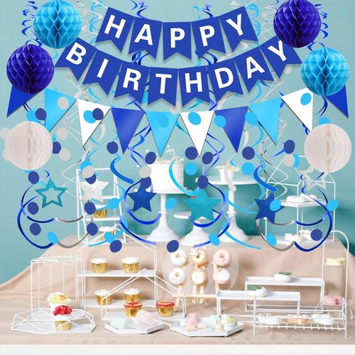 FECEDY Happy Birthday Banner - Navy Blue Paper Flag & Confetti Garland for Party Decor