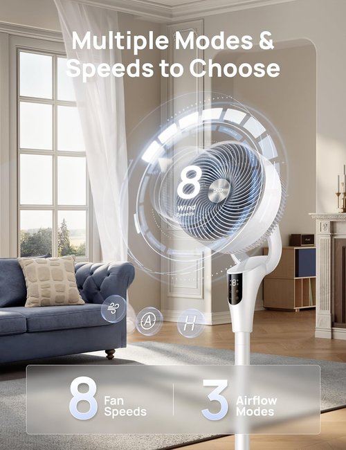 DREO Quiet Oscillating Fan - 90ft Airflow, 20dB Noise Level, Adjustable Height 38-42'' | 8+ Speeds, 3 Modes