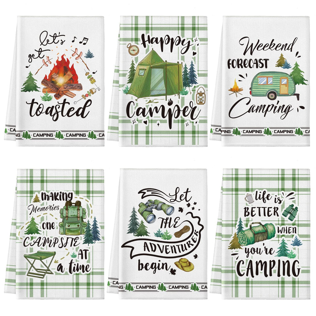 Redbaker 6 Pcs Camping Kitchen Towels Bonfire Tent Car Dishcloth Outdoors Happy Camper Hand Tea Towels Decorative Set Absorbent Camping Decor with Hanging Loop for Camper Gifts RV Accessories(White)