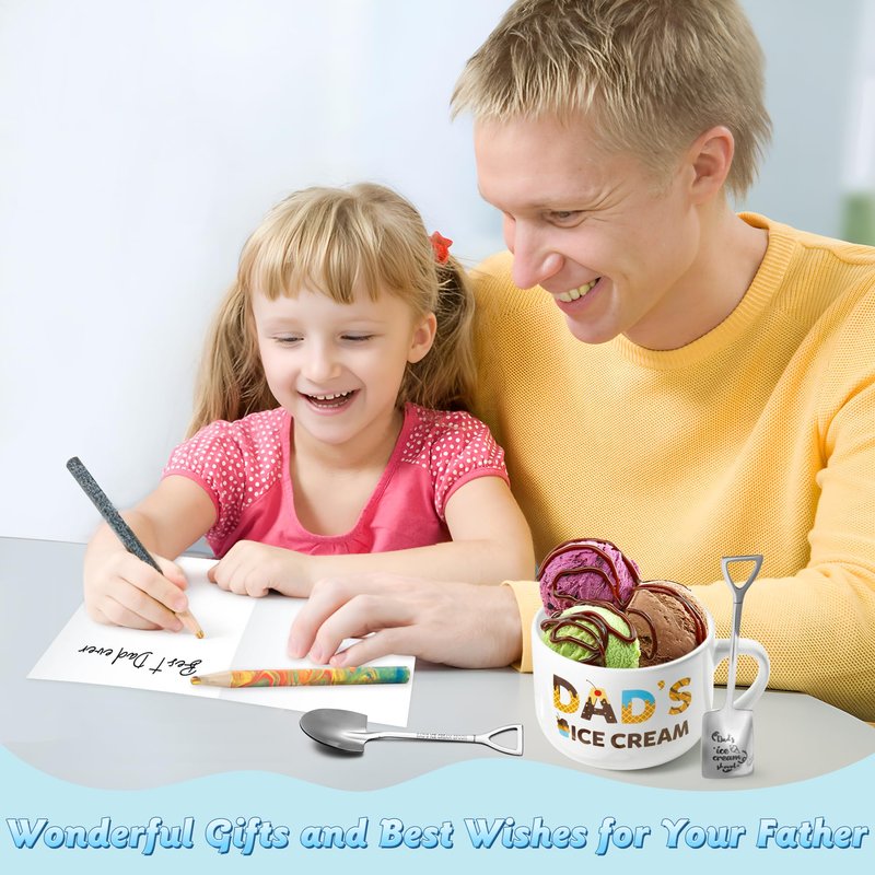 R HORSE Father Ice Cream Bowl Gift Set, Dad’s Ice Cream Bowl Engraved Shovel Spoon Set with Best Dad Ever Card, Desserts Cereal Fruit Tableware Kit Father’s Day Birthday Gift Box for Daddy Grandpa Men