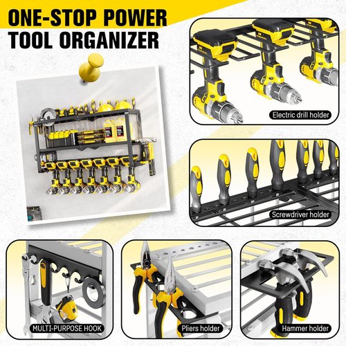 Hipidian Power Tool Organizer - Heavy Duty 300lb Capacity 3-Tier Wall Mount Rack with 7 Drill Holders