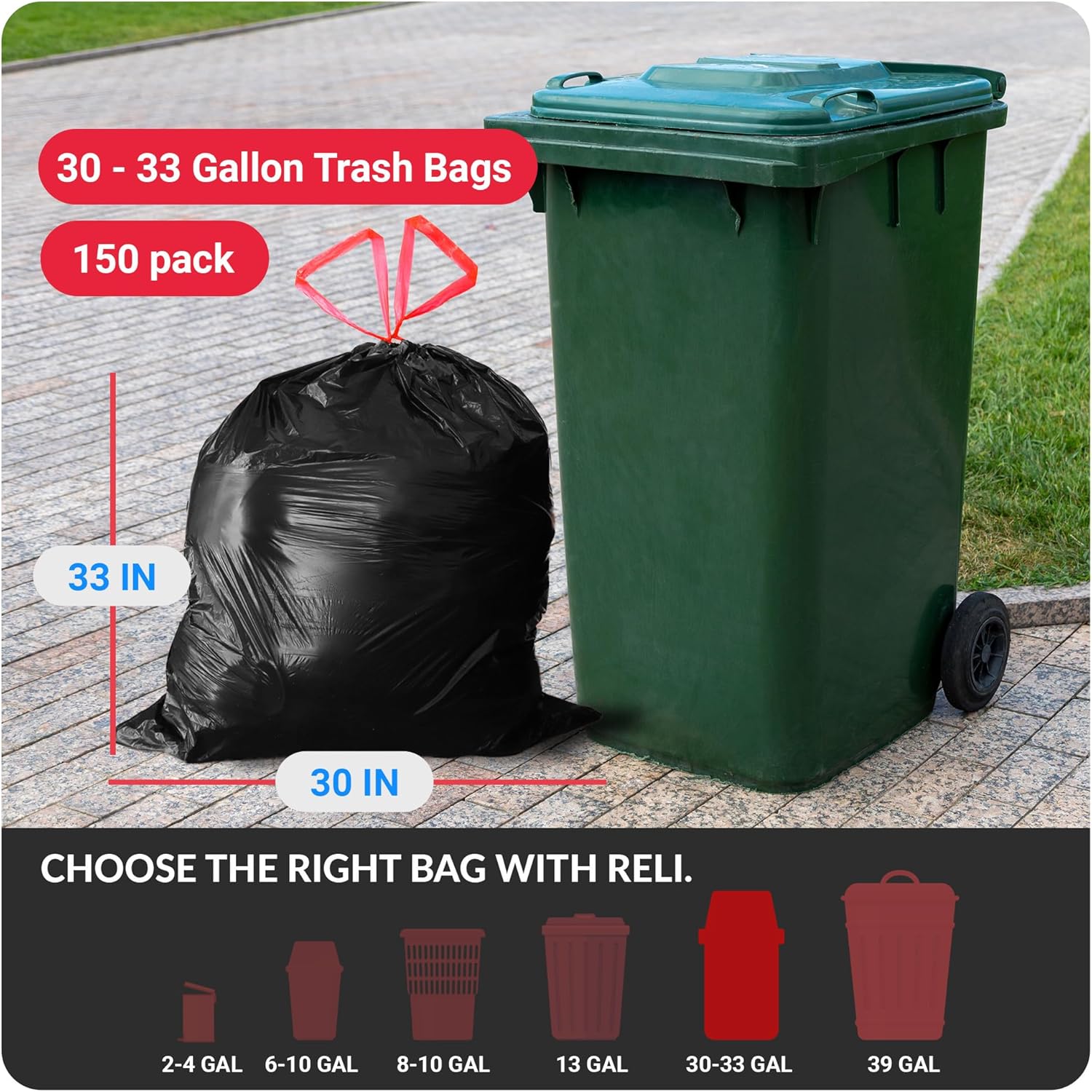 Reli. Heavy-Duty 30 Gallon Trash Bags with Drawstring - 150 Count | Black Color | Large Size