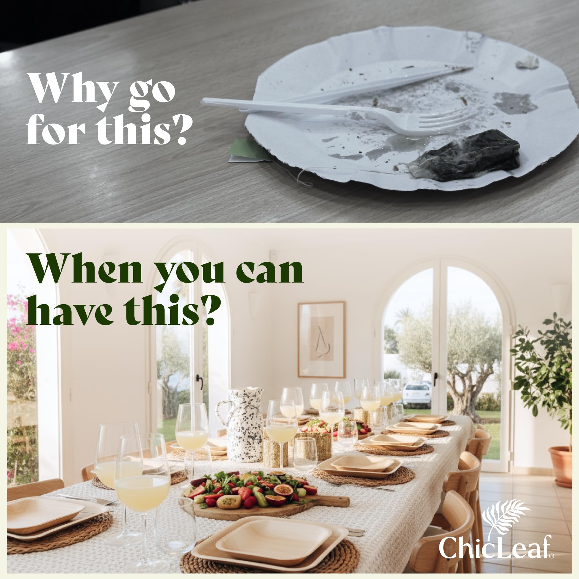 Chic Leaf Square Palm Leaf Tableware - 10" & 7", Pack of 24 - Durable Bamboo Disposable Dinnerware - Eco-Friendly Compostable Plates - Versatile Party & Elegant Dinner Table Essentials