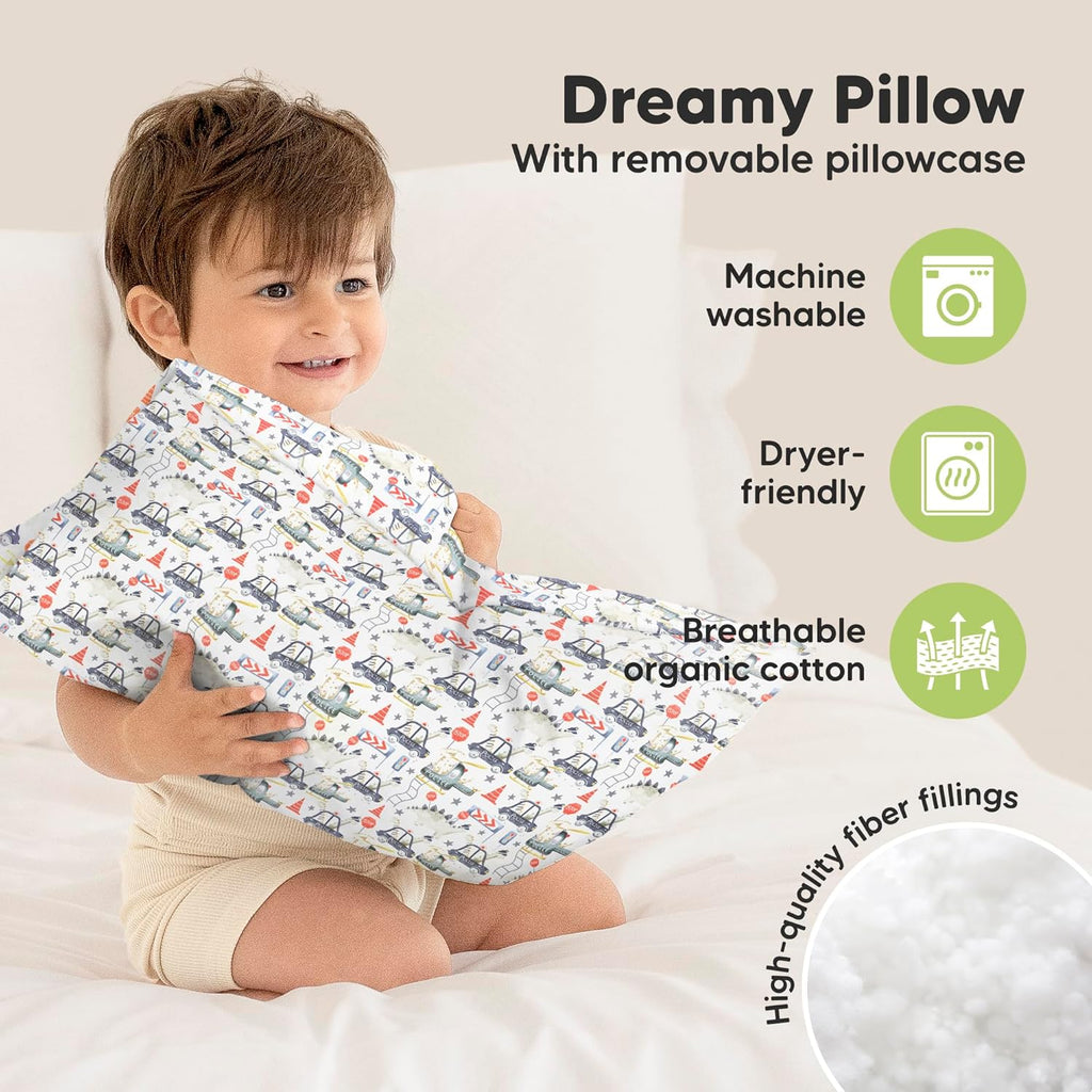 My Little Dreamy Toddler Pillow - Soft & Breathable Organic Cotton Travel Pillow | 13x18, Dino Patrol Design for Ages 2-5
